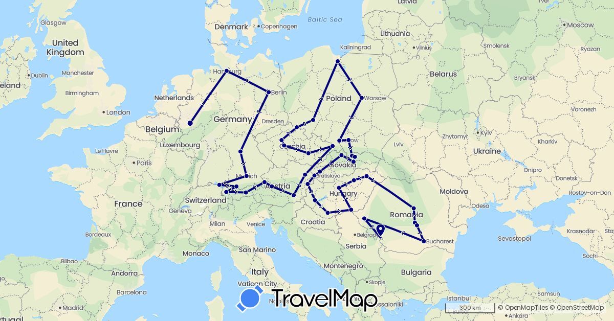 TravelMap itinerary: driving in Austria, Czech Republic, Germany, Hungary, Poland, Romania, Slovakia (Europe)